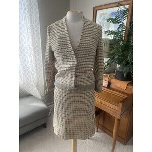 Vintage CISA OF ITALY Knit Cream Skirt Suit, Gold Silver Check Pattern, Size 10